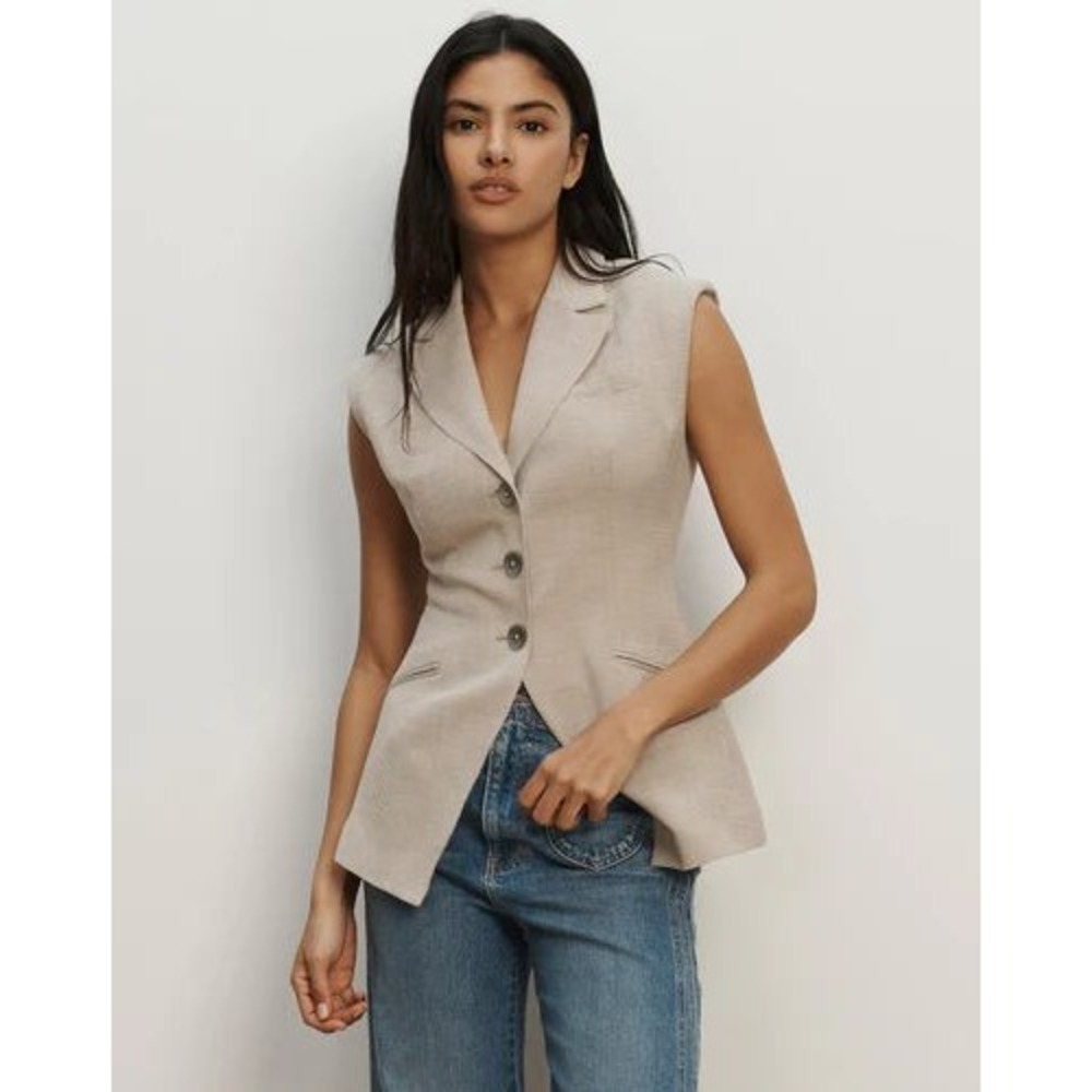 Lizette Collection Womens Tan Sleeveless Blazer Vest‎ Gold Crest Buttons (110)